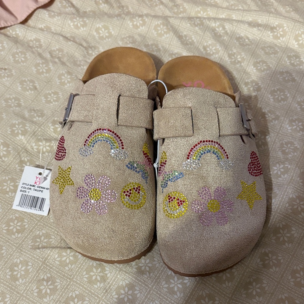 Yoki Kids Taupe Suede Slippers with Rainbow and Flower Accents
